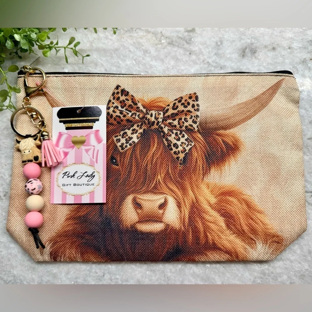 New Highland Cow w/ Leopard Bow Makeup Tech Pencil Bag w/ Pink Keychain - 10.5”